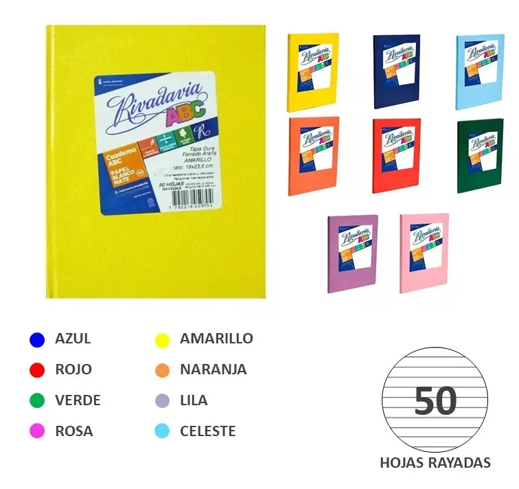 Cuaderno Tapa Dura Rivadavia ABC Forrado Rayado 50 Hojas Color