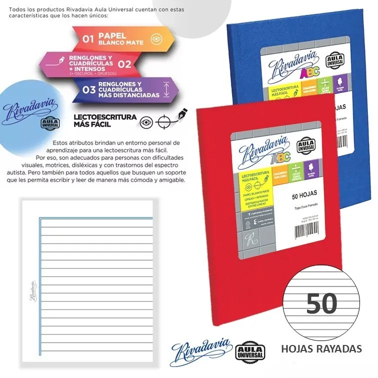 Cuaderno Tapa Dura Rivadavia ABC Aula Universal Rayado 50 Hojas Rojo
