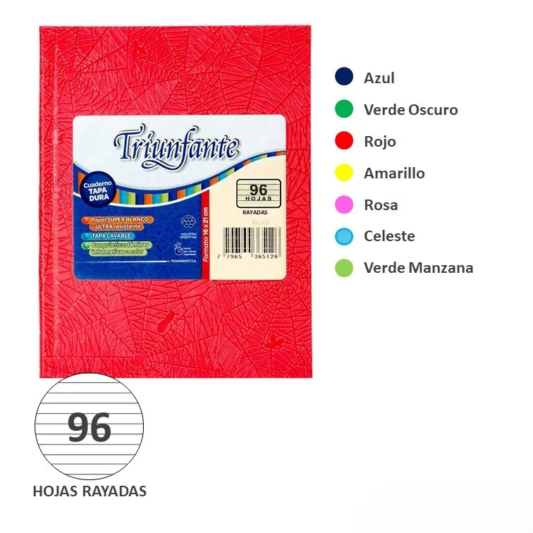 Cuaderno Tapa Dura Triunfante 96 Hojas Color