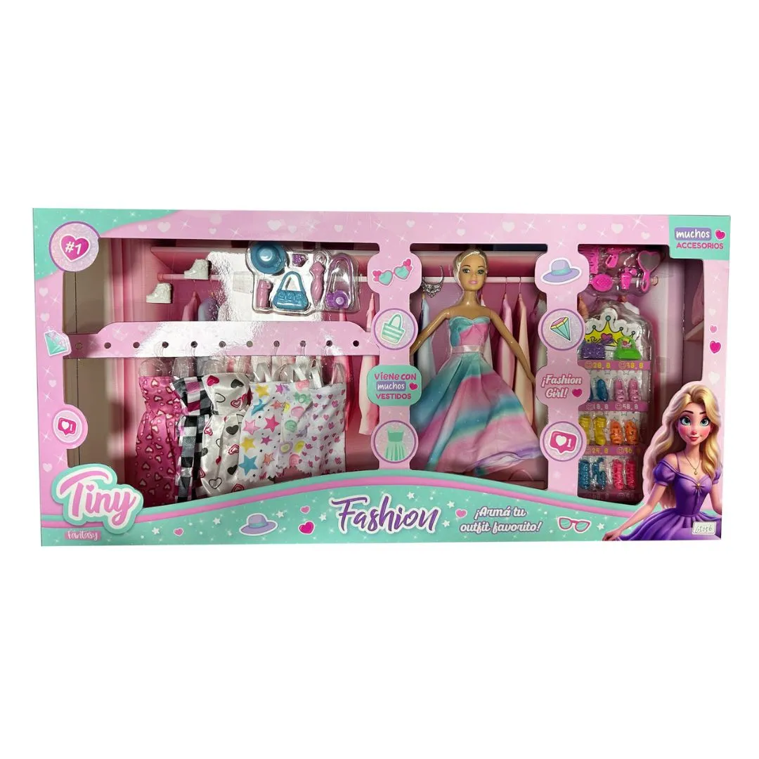 Muñeca Tiny con Vestidos, Zapatos y Accesorios en Caja
